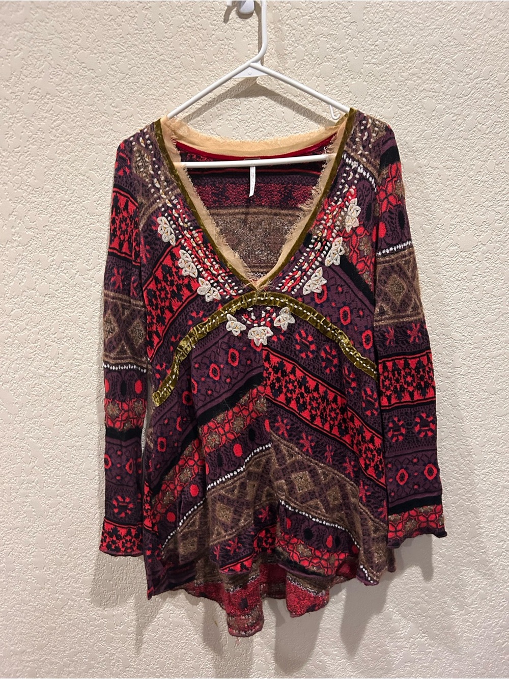 Free People Boho V-Neck Embroidered Women’s Tunic Top in Red and Brown